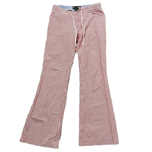 WORLD Designer Flare Pants 6 Seersucker Red White Stripe Flap Pocket 100% Cotton - Picture 2 of 4